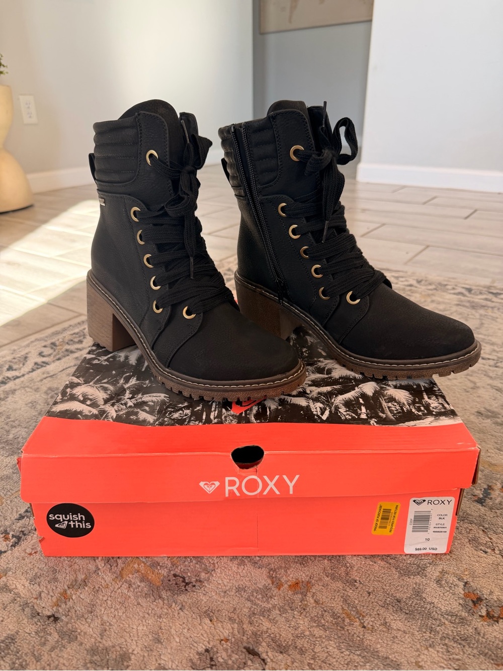 Roxy Black Lace-Up Combat Block Heel Booties